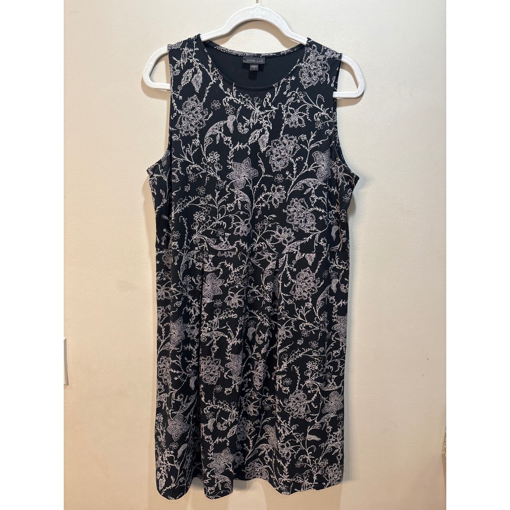J. Jill Wearever Black White Floral Knit Sleeveless Dress Medium Stretch Travel